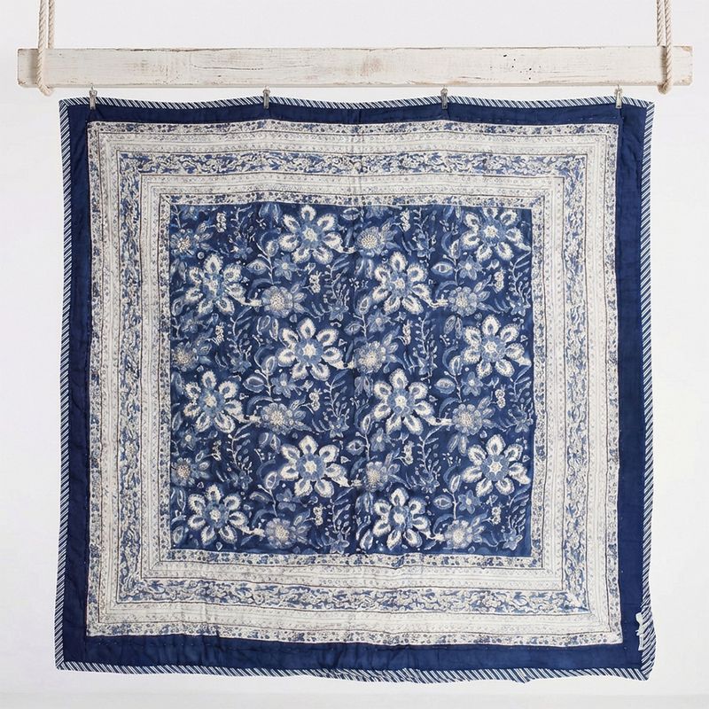 Indigo Blue & White Floral Indian Block Printed Cotton Bed Quilt