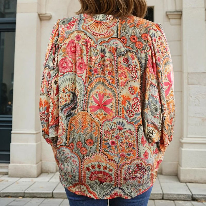 Pink, Orange & Cream Floral Tile Print Button Down Shirt