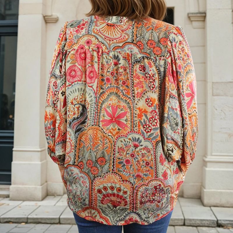 Pink, Orange & Cream Floral Tile Print Button Down Shirt
