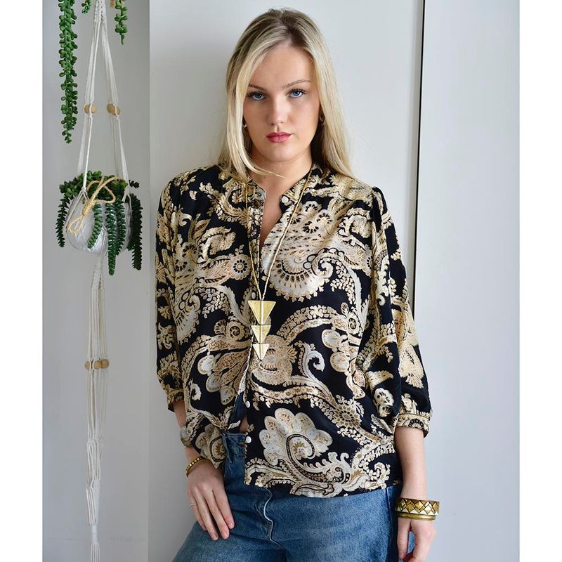 Black & Gold Baroque Floral Print Button Down Shirt