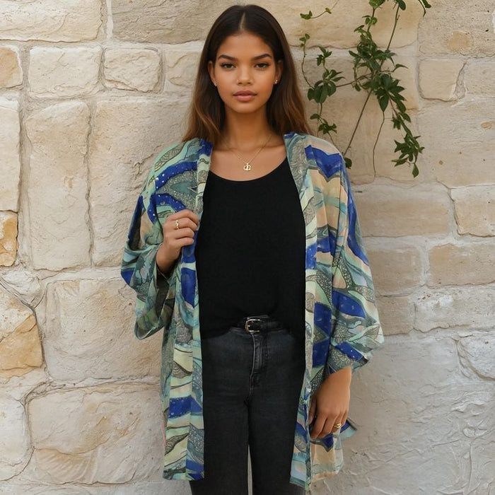 Blue, Green & Cream Marble Print Viscose Summer Jacket
