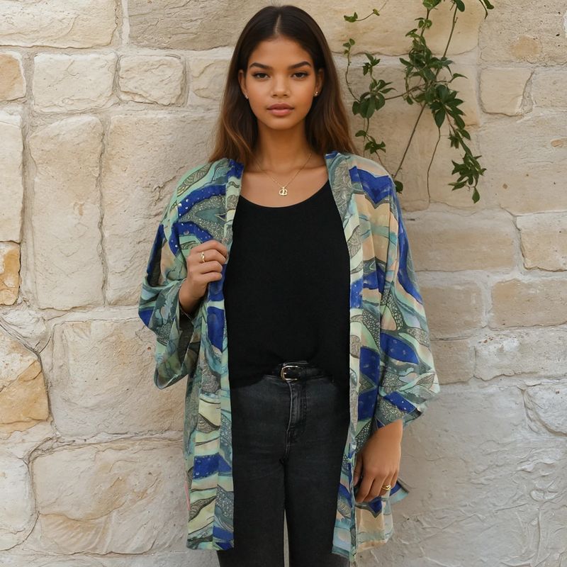 Blue, Green & Cream Marble Print Viscose Summer Jacket