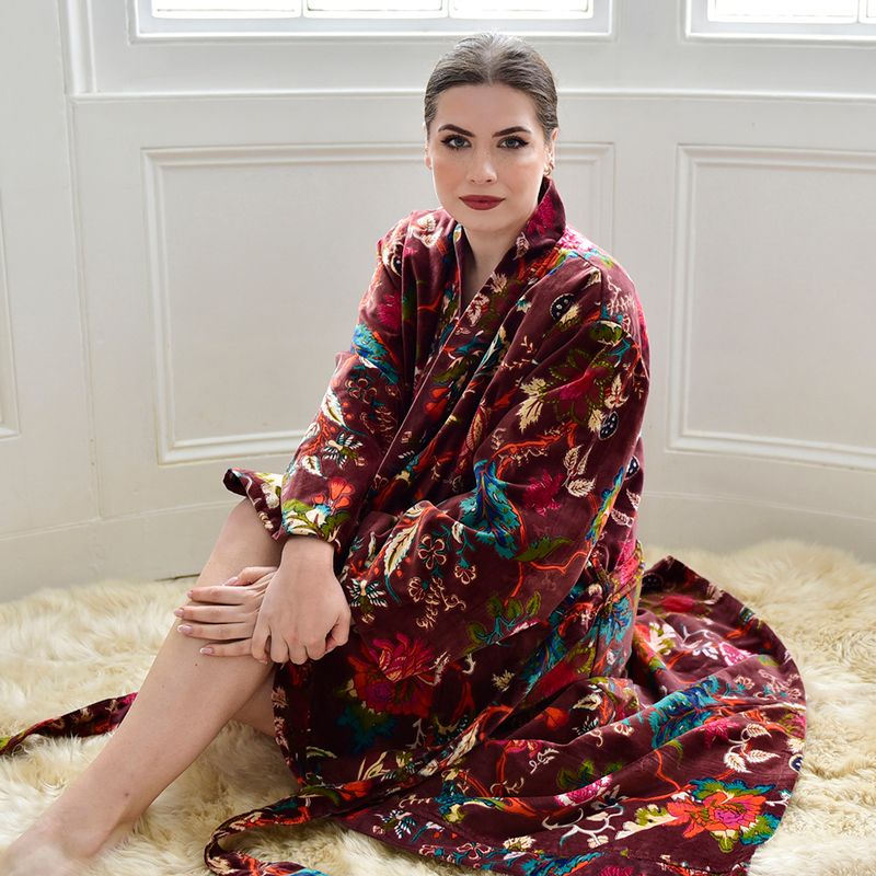 Velvet Burgundy Exotic Bouquet Dressing Gown