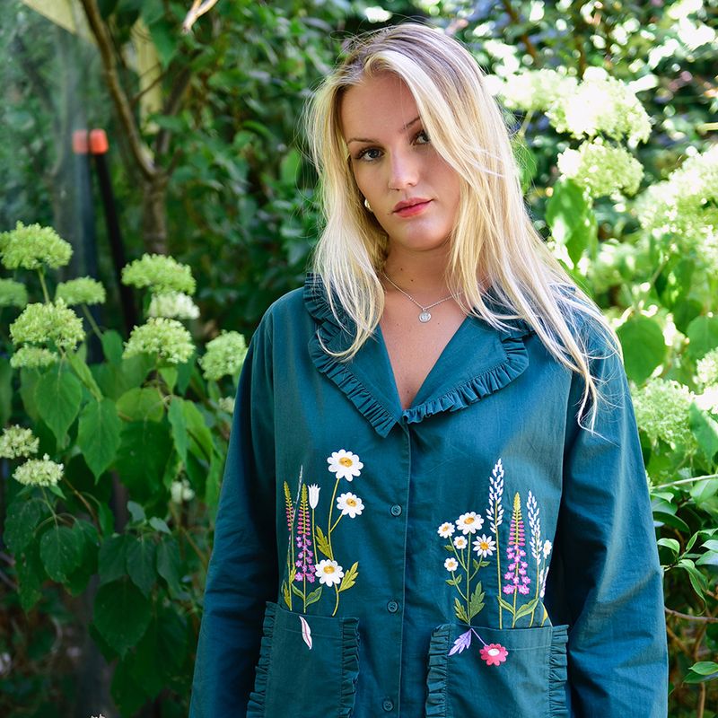 Forest Green Embroidered Floral Cotton Pyjamas