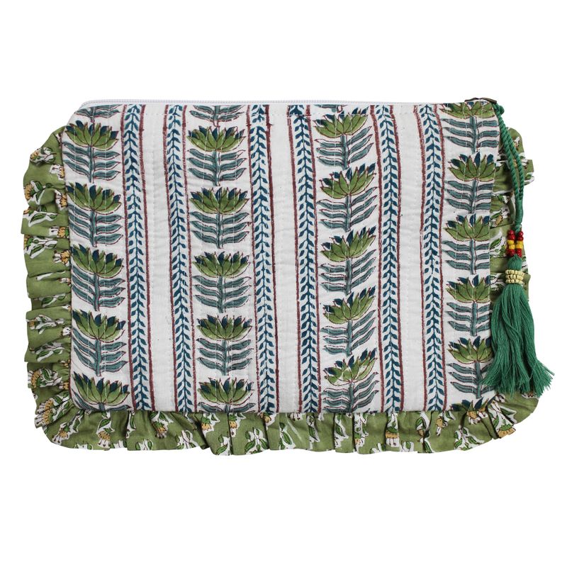 Block Printed Green Succulent & Mustard Floral Quilted Ruffle Make Up Bag