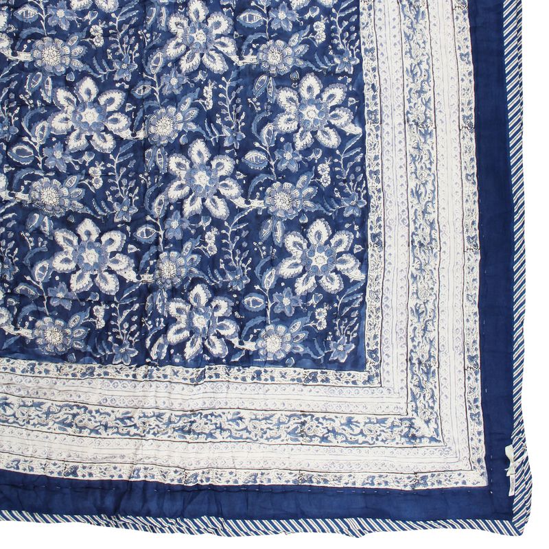 Indigo Blue & White Floral Indian Block Printed Cotton Bed Quilt