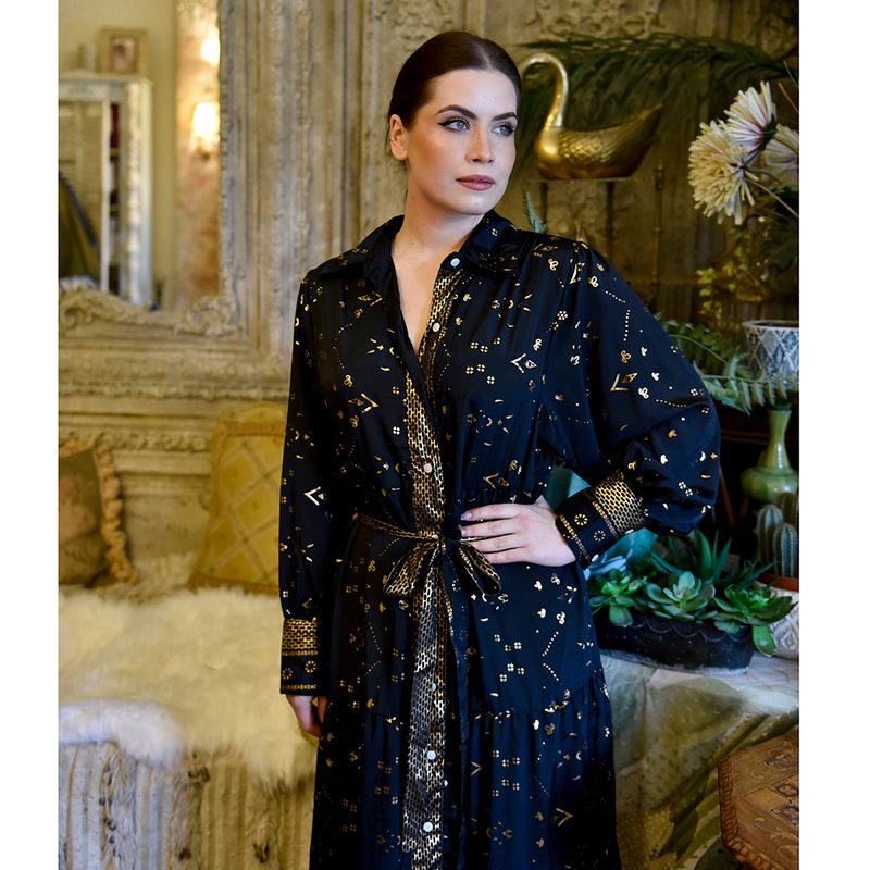 'Ember' Black & Gold Small Geo Print Long Tiered Dress