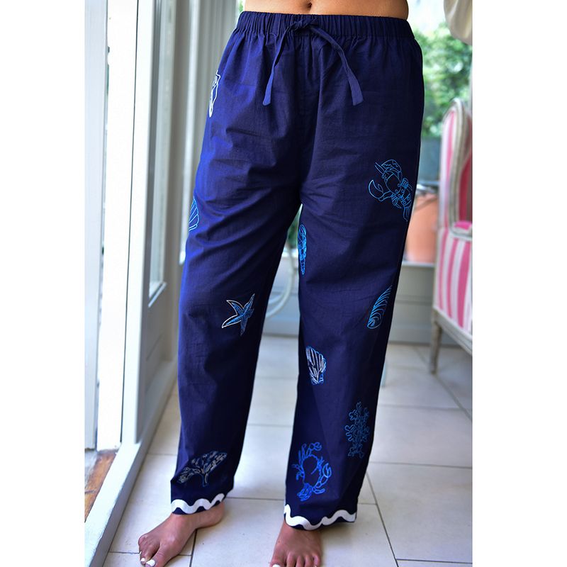 Navy Blue Embroidered Sea Shell Cotton Pyjamas