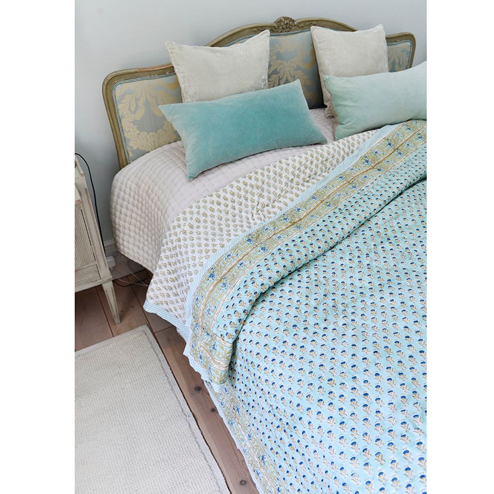 Turquoise Floral Indian Block Printed Cotton Bed Quilt