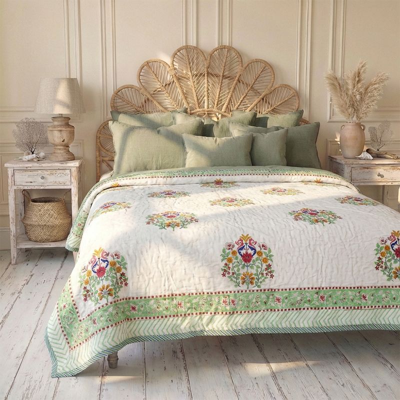 Colourful Floral Motif Indian Block Printed Cotton Bed Quilt