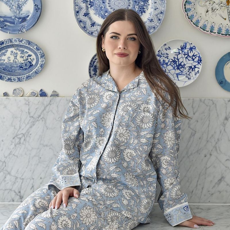 Block Printed Blue Cornflower Cotton Pyjamas