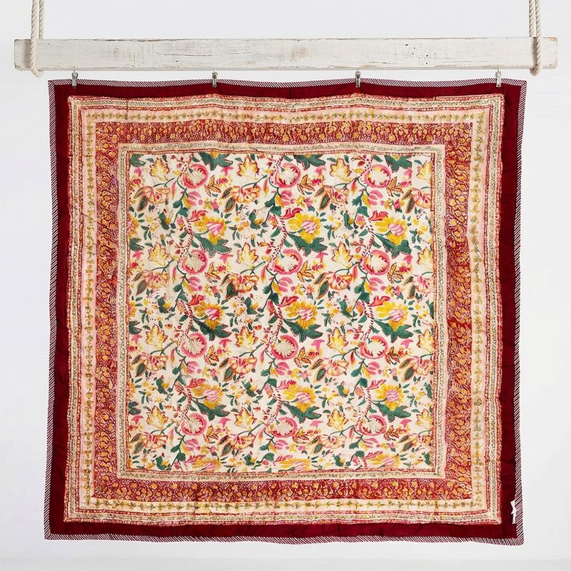 Deep Red, Green & Mustard Floral Indian Block Printed Cotton Bed Quilt