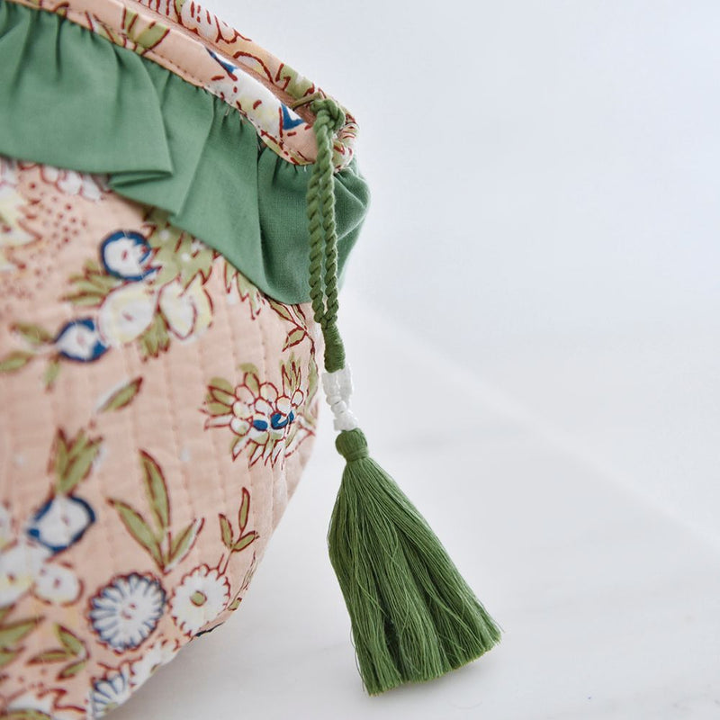 Block Printed Peach Floral Quilted Make Up Bag