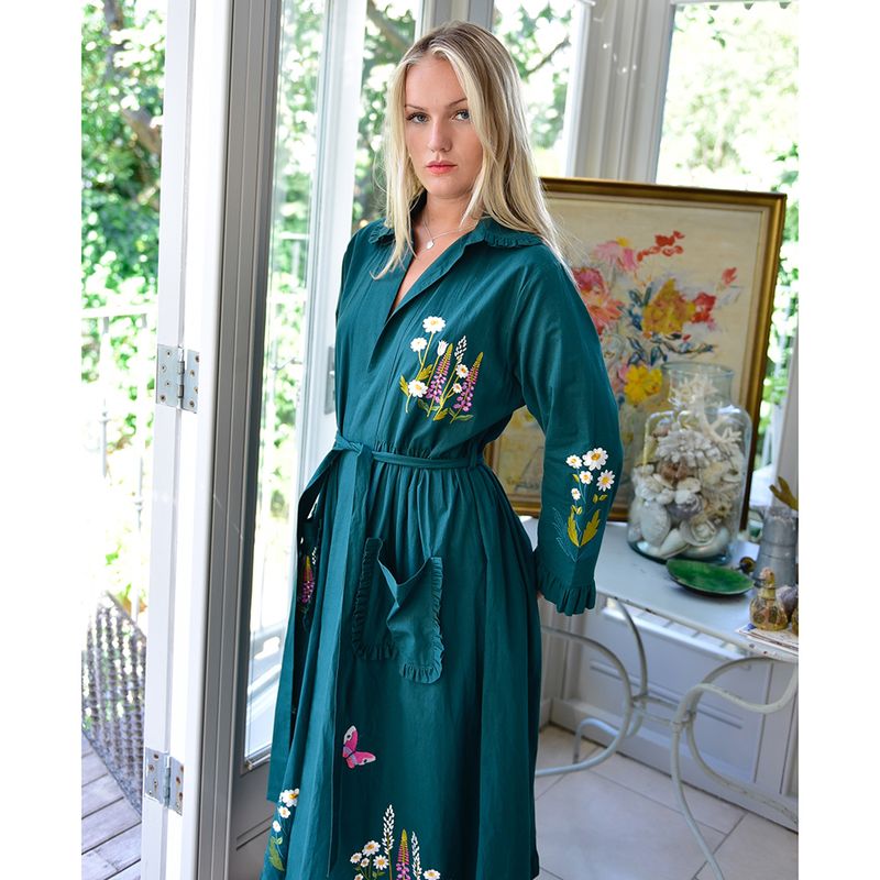 Forest Green Embroidered Floral Cotton Dressing Gown