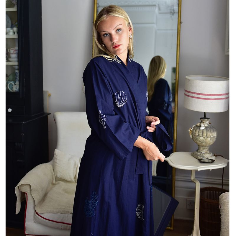 Navy Blue Embroidered Sea Shell Cotton Dressing Gown