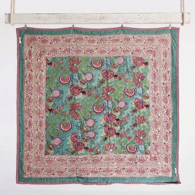 Turquoise, Pink & Burgundy Floral Indian Block Printed Cotton Bed Quilt