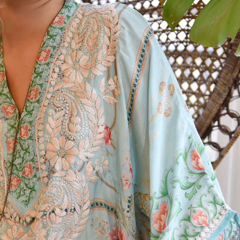 Floral Rose Border Viscose Kaftan In Turquoise with Heavy Cream Fishbone Embroidery