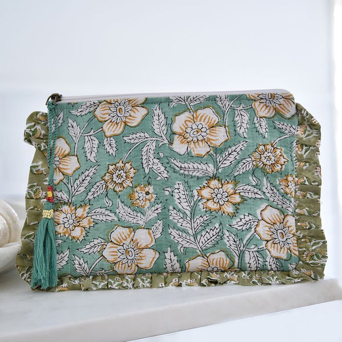 Block Printed Green Succulent & Mustard Floral Quilted Ruffle Make Up Bag