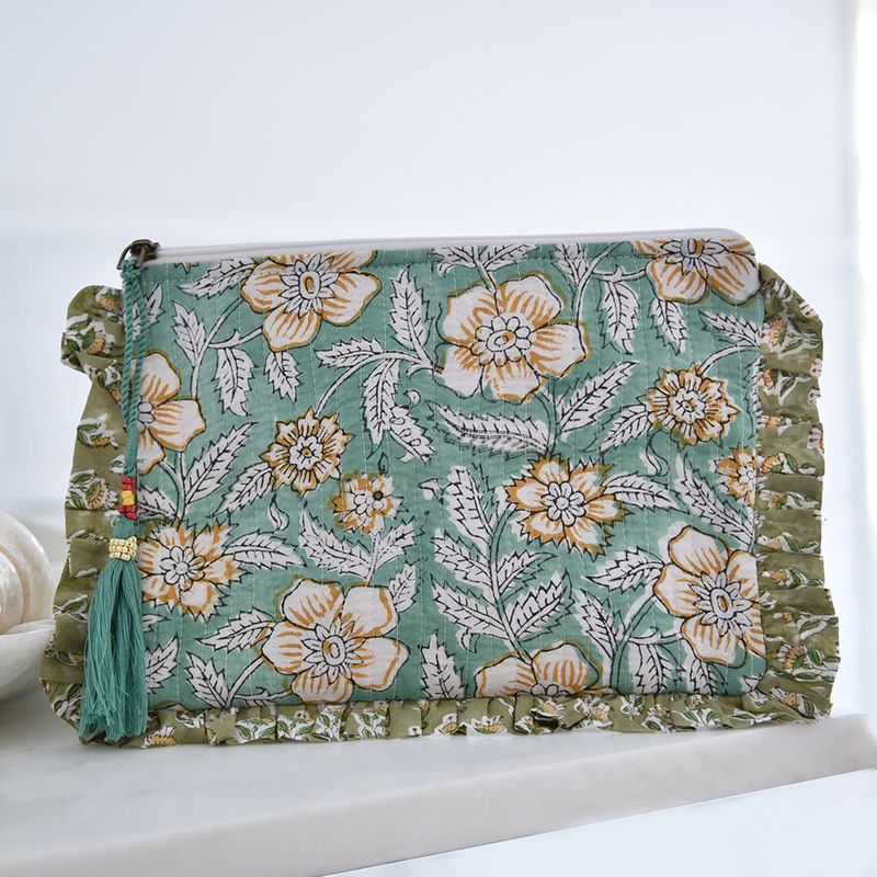 Block Printed Green Succulent & Mustard Floral Quilted Ruffle Make Up Bag