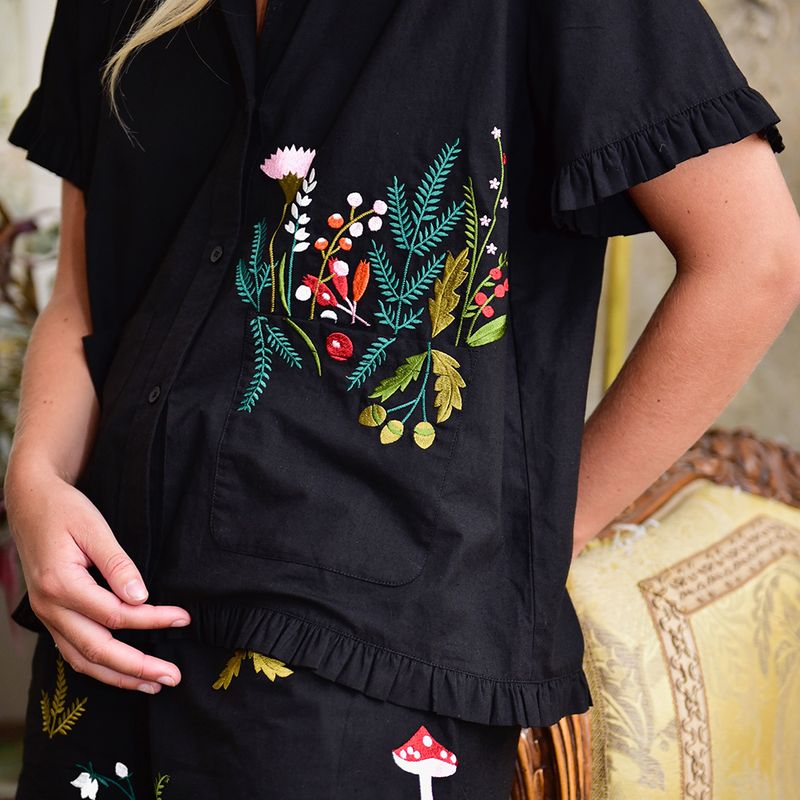 Midnight Black Embroidered Woodland Cotton Short Pyjama Set