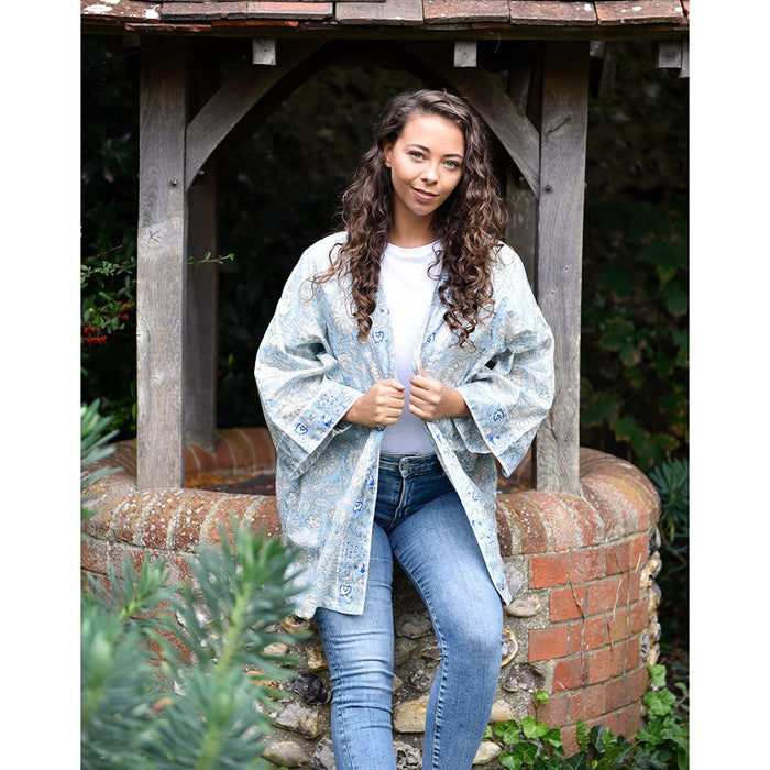 Block Printed Blue Cornflower Cotton Summer Jacket