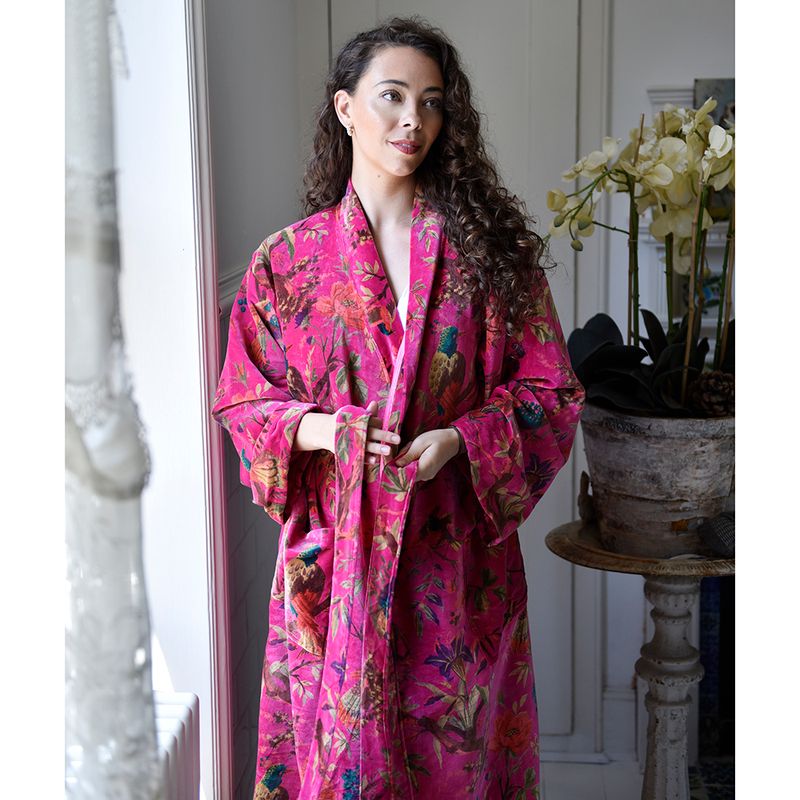 Velvet Hot Pink Birds of Paradise Dressing Gown