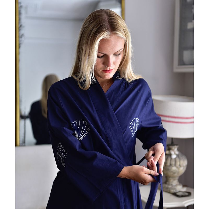 Navy Blue Embroidered Sea Shell Cotton Dressing Gown