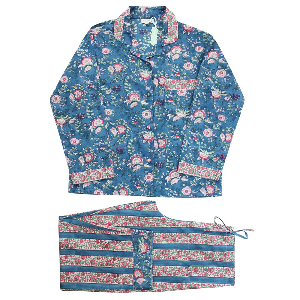 Block Printed Inky Blue & Pink Floral Stripe Cotton Pyjamas