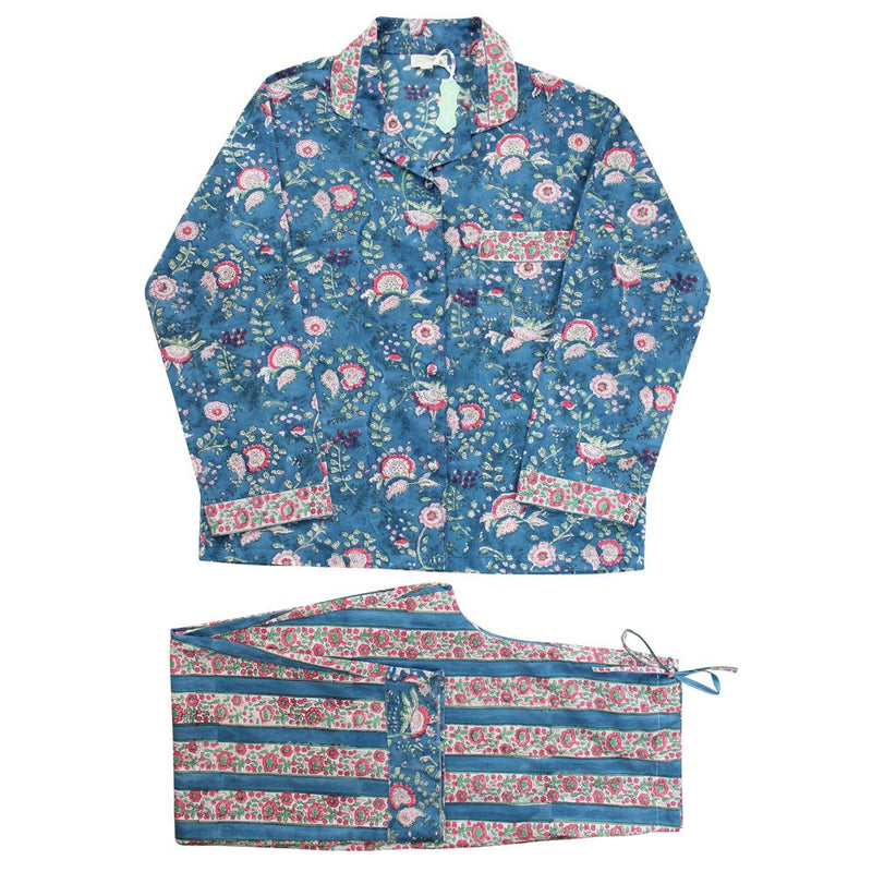 Block Printed Inky Blue & Pink Floral Stripe Cotton Pyjamas