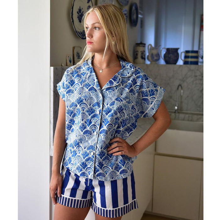 Blue & White Sea Shell Cotton Short Pyjama Set