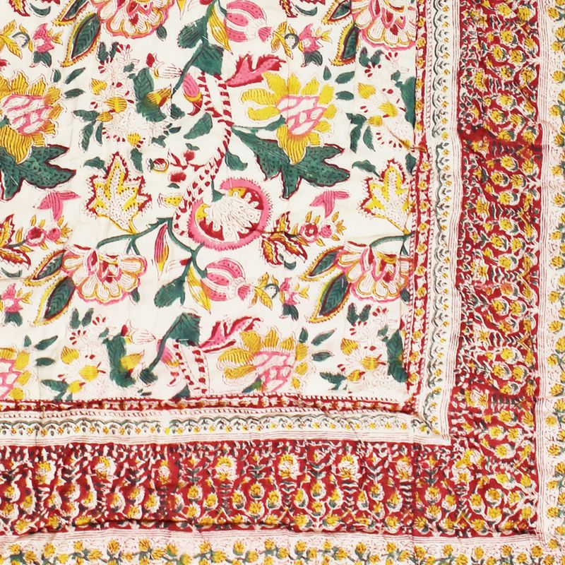 Deep Red, Green & Mustard Floral Indian Block Printed Cotton Bed Quilt