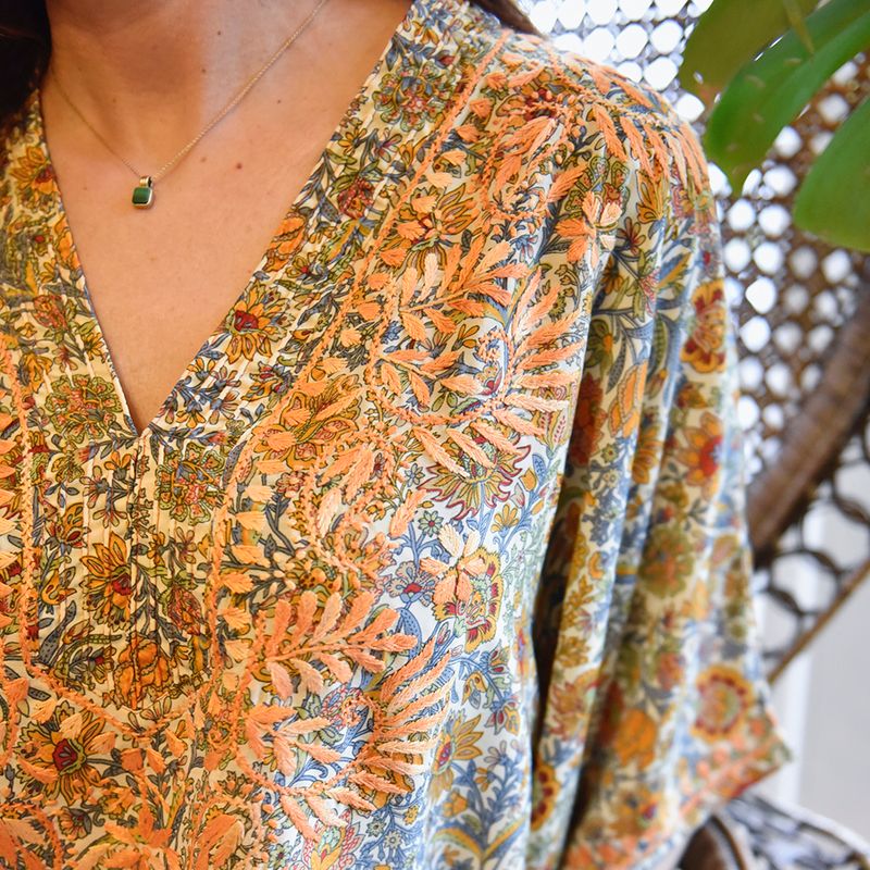 Bohemian Orange & Blue Floral Viscose Kaftan with Heavy Orange Fishbone Embroidery