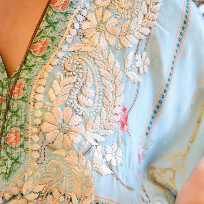 Floral Rose Border Viscose Kaftan In Turquoise with Heavy Cream Fishbone Embroidery
