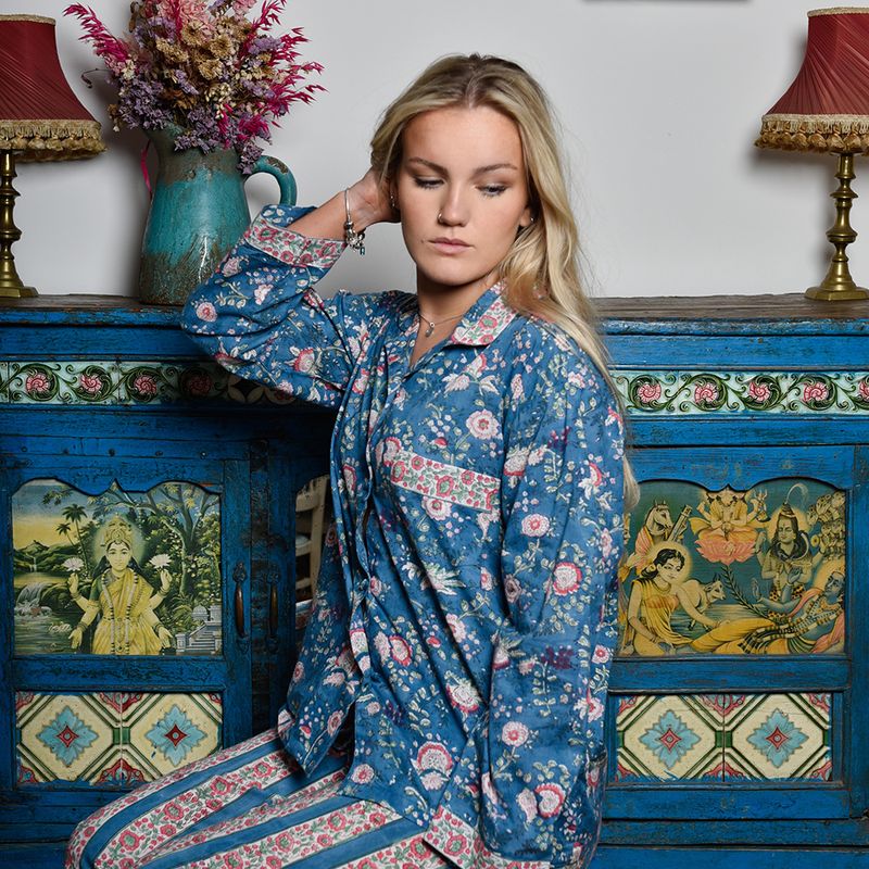 Block Printed Inky Blue & Pink Floral Stripe Cotton Pyjamas