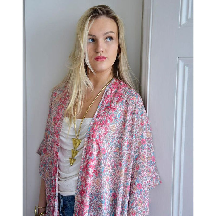 Pastel Floral Viscose Kaftan Jacket with Heavy Pink Ombre Fishbone Embroidery