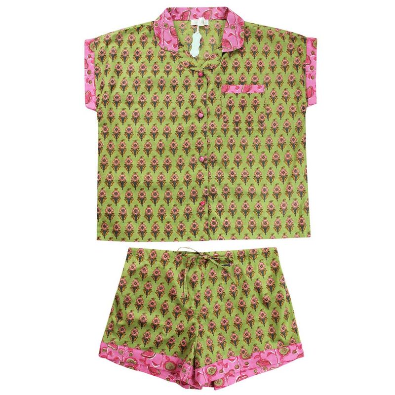 Block Printed Green & Pink Floral Cotton Short Pyjama Set