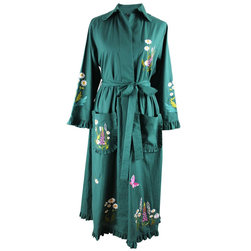 Forest Green Embroidered Floral Cotton Dressing Gown