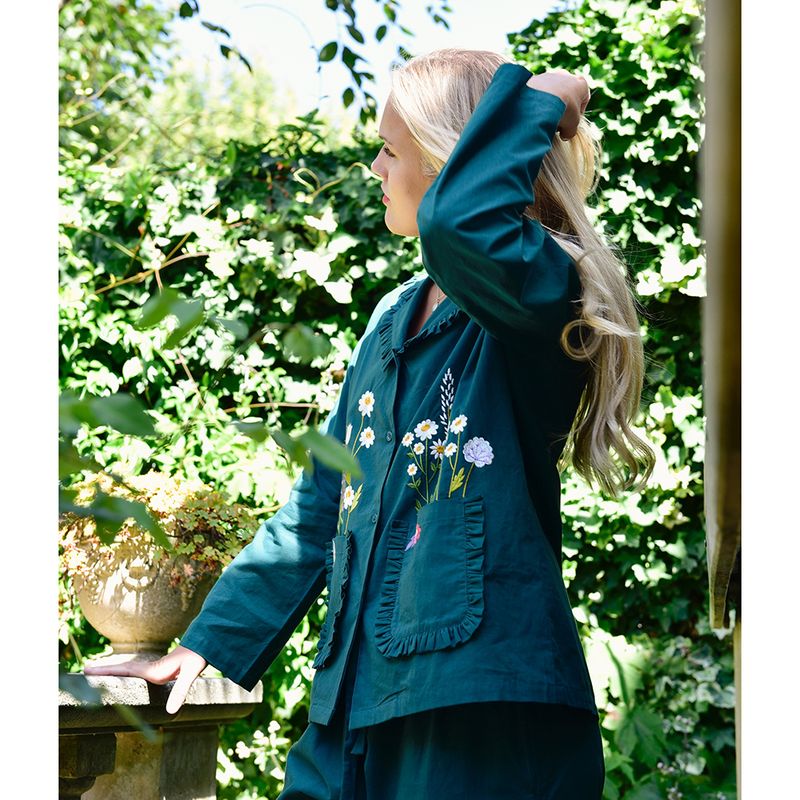 Forest Green Embroidered Floral Cotton Pyjamas
