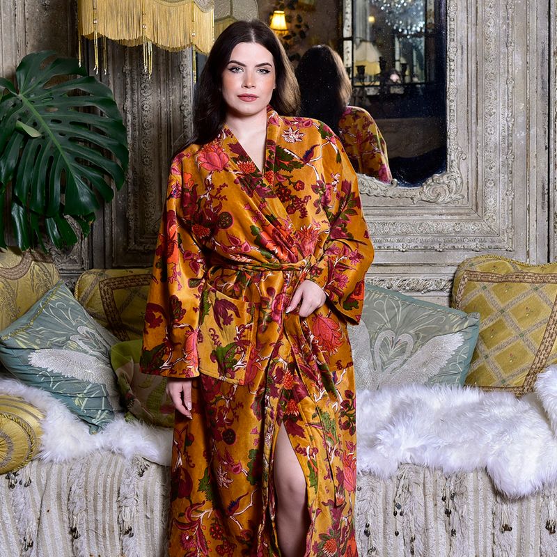 Velvet Mustard Exotic Bouquet Dressing Gown