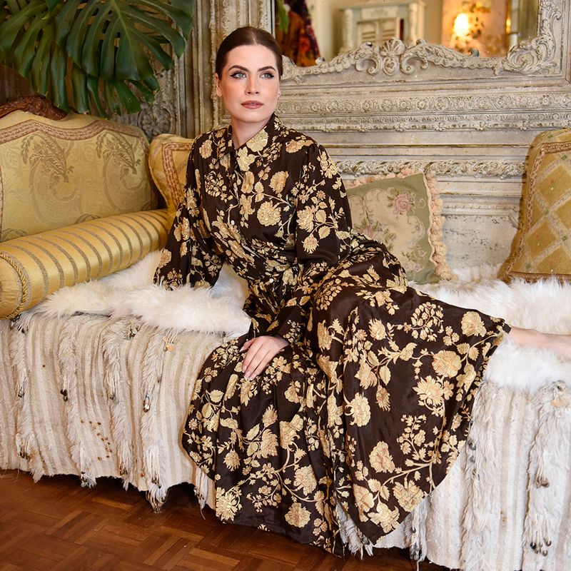'Mika' Rich Brown & Gold Floral Print Long Tiered Dress