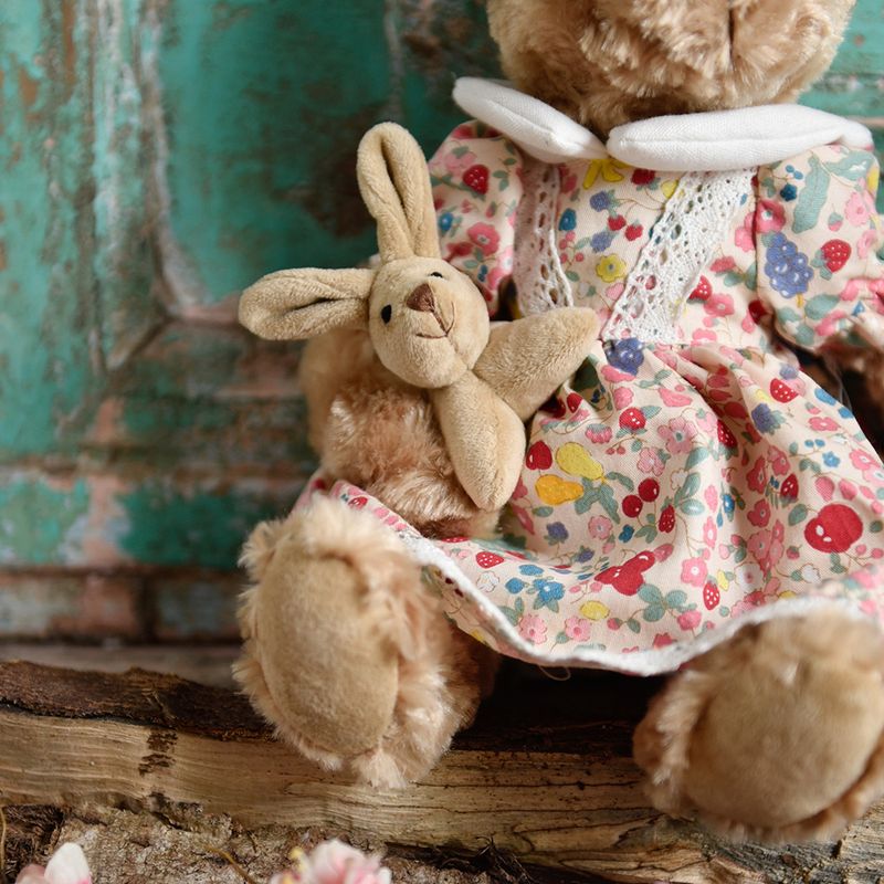 Rabbit Teddy Wearing Floral Dress With Baby Rabbit