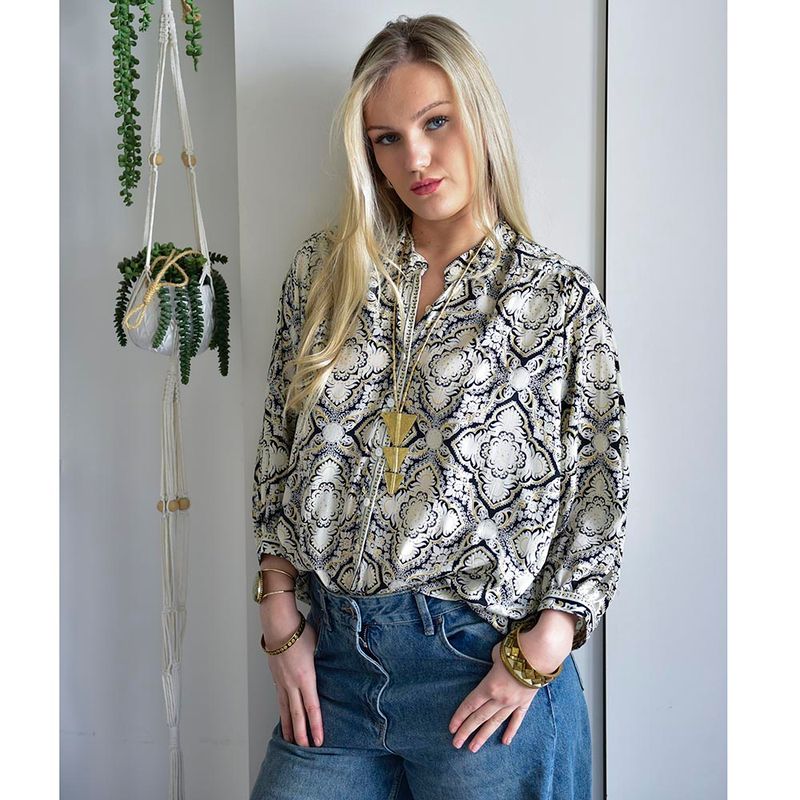 Black, White & Gold Arabesque Print Button Down Shirt