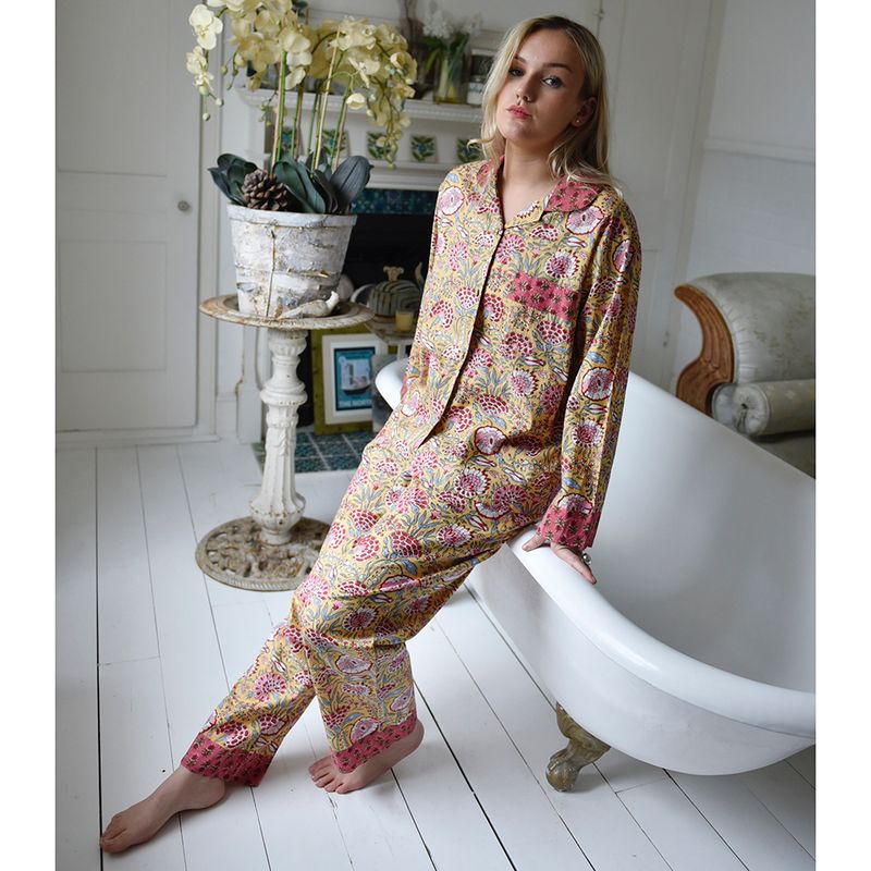 Yellow & Pink Carnation Cotton Pyjamas
