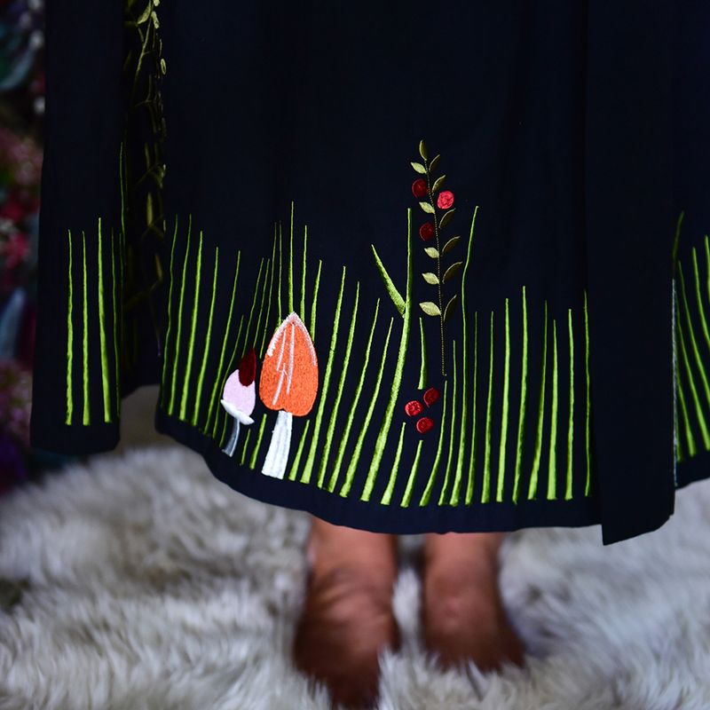 Midnight Black Embroidered Woodland Cotton Dressing Gown