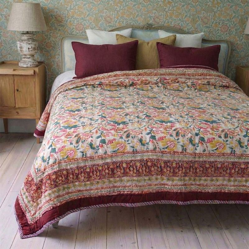 Deep Red, Green & Mustard Floral Indian Block Printed Cotton Bed Quilt