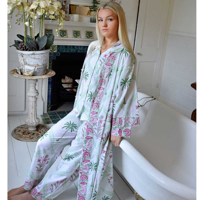 Floral Pink Palm Print Cotton Dressing Gown