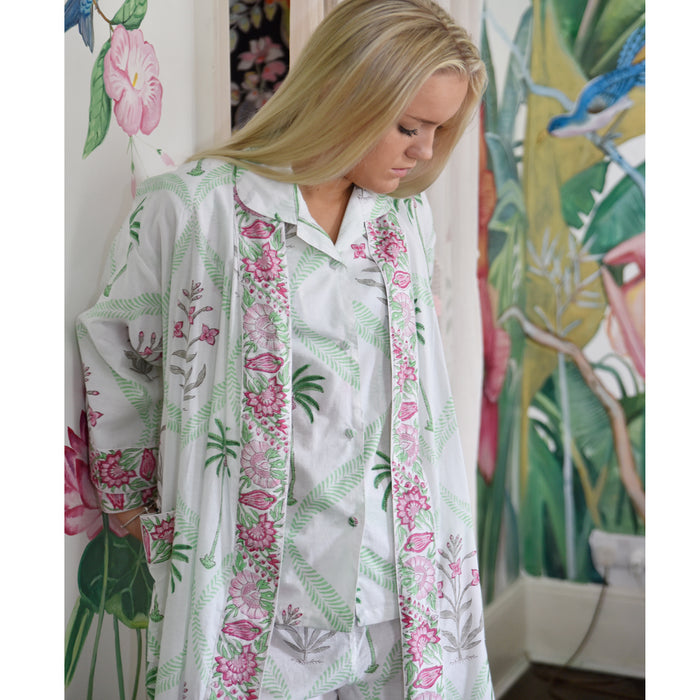 Floral Pink Palm Print Cotton Dressing Gown