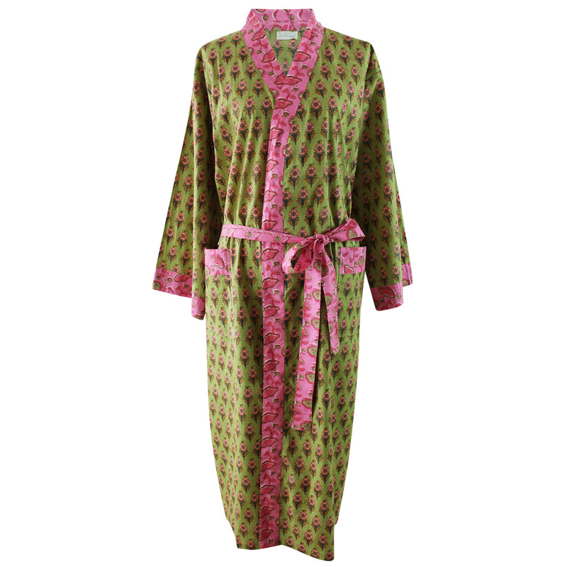 Block Printed Green & Pink Floral Cotton Dressing Gown