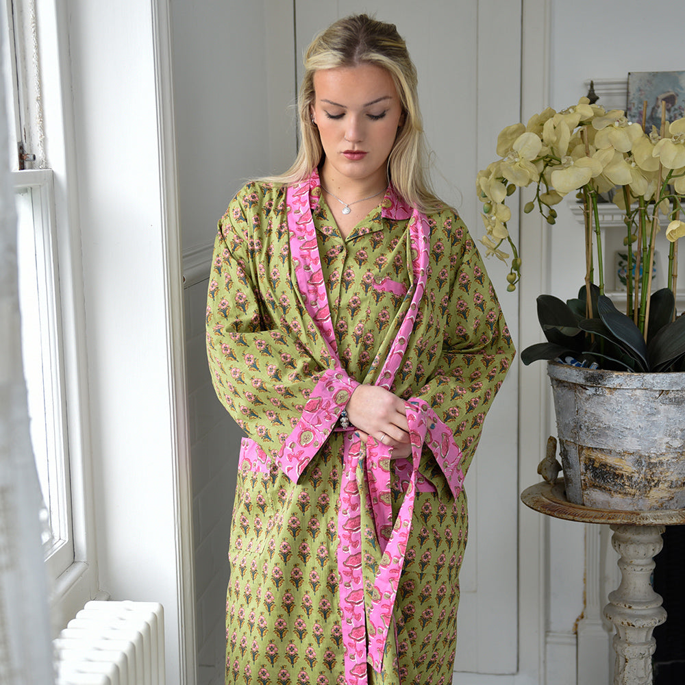 Block Printed Green & Pink Floral Cotton Dressing Gown