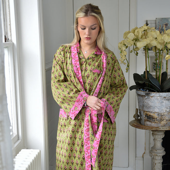 Block Printed Green & Pink Floral Cotton Dressing Gown